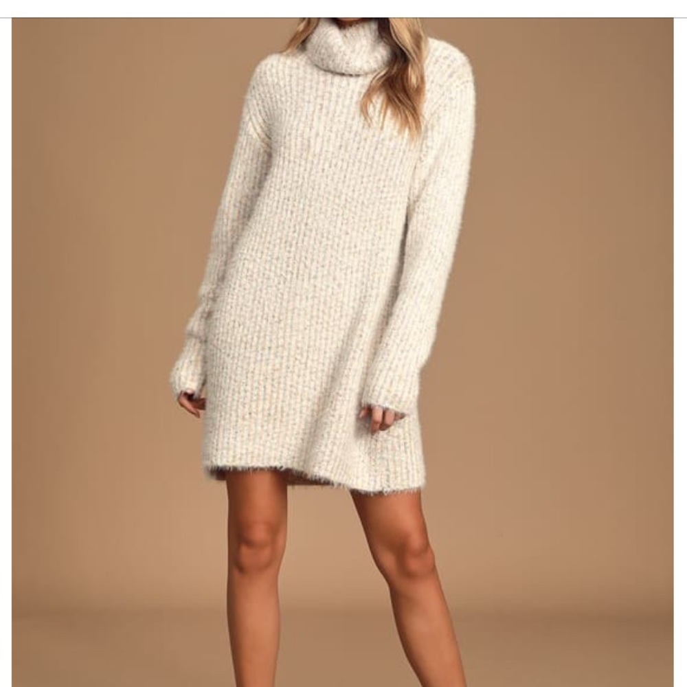 Lulus Sweet Whispers Ivory Multi Eyelash Knit Turtleneck Sweater Dress